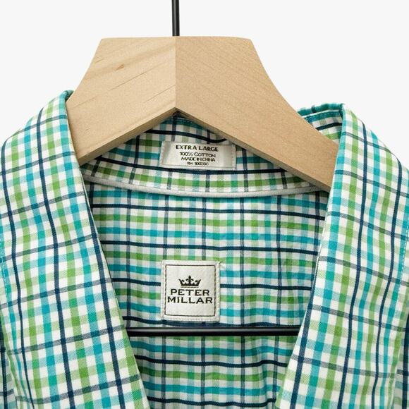 Peter Millar Plaid Green Blue Button Down Short Sleeve Men’s Size XL - Picture 3 of 6